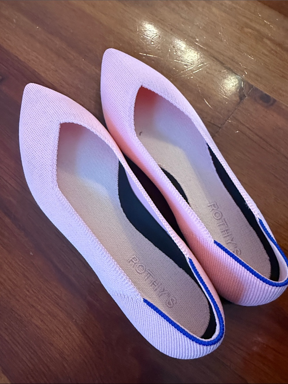 Rothy's Pink Pointed Knit Flats with Blue Heel Accent